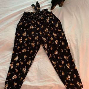 Yellow and black floral pants with front tie belt
